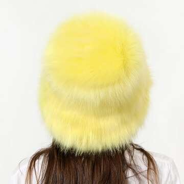 Popchrio Fuzzy Bucket Hat for Women Winter Fluffy Furry Faux Fur Hats PlushRainbow Cute Women's Bucket Hats Yellow