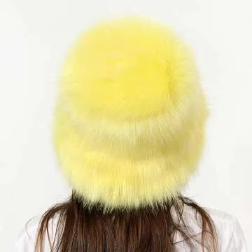 Popchrio Fuzzy Bucket Hat for Women Winter Fluffy Furry Faux Fur Hats PlushRainbow Cute Women's Bucket Hats Yellow