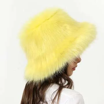Popchrio Fuzzy Bucket Hat for Women Winter Fluffy Furry Faux Fur Hats PlushRainbow Cute Women's Bucket Hats Yellow