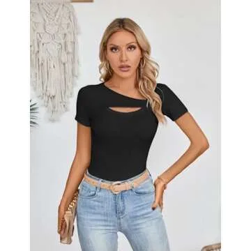 SANDERY Women's Fashion Clothes One Piece Cutout Tops Short Sleeve Ribbed Knit Slim Fitted Shirts Te...