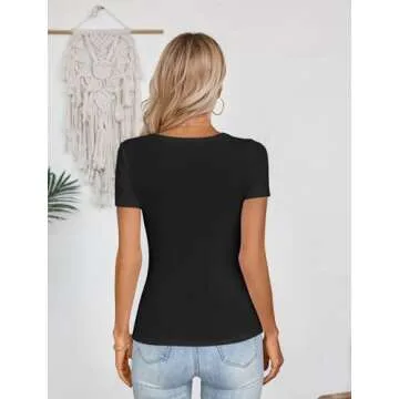 SANDERY Women's Fashion Clothes One Piece Cutout Tops Short Sleeve Ribbed Knit Slim Fitted Shirts Tee Tshirts Black M