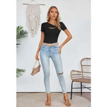 SANDERY Women's Fashion Clothes One Piece Cutout Tops Short Sleeve Ribbed Knit Slim Fitted Shirts Tee Tshirts Black M