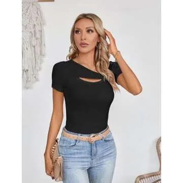 SANDERY Women's Fashion Clothes One Piece Cutout Tops Short Sleeve Ribbed Knit Slim Fitted Shirts Tee Tshirts Black M