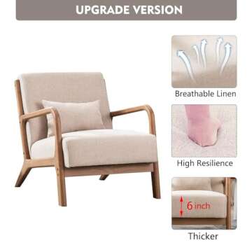 ANJHOME Mid Century Modern Accent Chairs Set of 2, Single Fabric Lounge Reading Armchair with Solid Wood Frame, Easy Assembly Arm Chairs for Living Room Beige 2