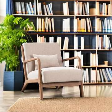 ANJHOME Mid Century Modern Accent Chairs Set of 2, Single Fabric Lounge Reading Armchair with Solid Wood Frame, Easy Assembly Arm Chairs for Living Room Beige 2