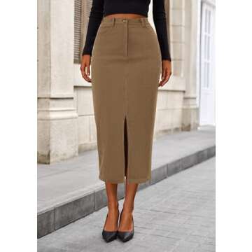 PRETTYGARDEN Women's Fall Midi Pencil Skirts Dressy Casual Work Office High Waisted Trendy Winter Corduroy Skirt with Slit (Khaki,4)