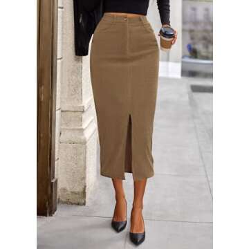 PRETTYGARDEN Women's Fall Midi Pencil Skirts Dressy Casual Work Office High Waisted Trendy Winter Corduroy Skirt with Slit (Khaki,4)