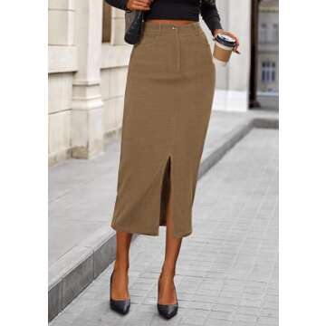 PRETTYGARDEN Women's Fall Midi Pencil Skirts Dressy Casual Work Office High Waisted Trendy Winter Corduroy Skirt with Slit (Khaki,4)
