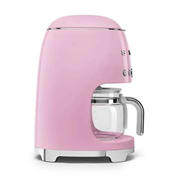 Smeg 50's Retro Style Aesthetic Drip Coffee Machine with 10 Cup Glass Carafe, Auto Start Feature, Keep Warm Plate, and Two Coffee Strength Settings (Pink)