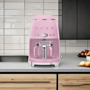 Smeg 50's Retro Style Aesthetic Drip Coffee Machine with 10 Cup Glass Carafe, Auto Start Feature, Keep Warm Plate, and Two Coffee Strength Settings (Pink)