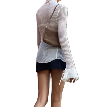 Women's Y2K Button Down Shirt Blouses Solid Flare Sleeve Crop Top Vintage E-Girl Streetwear(AC-White,S)