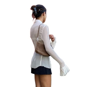 Women's Y2K Button Down Shirt Blouses Solid Flare Sleeve Crop Top Vintage E-Girl Streetwear(AC-White,S)