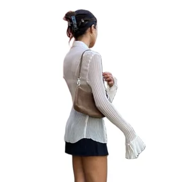 Women's Y2K Button Down Shirt Blouses Solid Flare Sleeve Crop Top Vintage E-Girl Streetwear(AC-White,S)