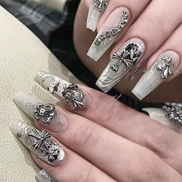 110Pcs Cross Nail Charm 3D Nail Charms for Acrylic Nails Punk Vintage Metal Silver Gold Nail Rhinestones Planet Nail Gems Nail Art Supplies for DIY Nail Decorations (Retro Silver)