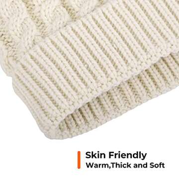 Livingston Hats for Women Winter Soft Knitted Beanie Hat with Faux Fur Pom Pom, Cream