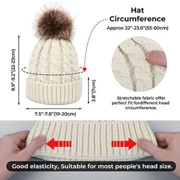 Livingston Hats for Women Winter Soft Knitted Beanie Hat with Faux Fur Pom Pom, Cream