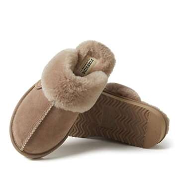 Dearfoams Women's Fireside Sydney Shearling Fur Indoor/Outdoor Scuff Slipper with Wide Widths, Driftwood, 7