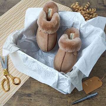 Dearfoams Women's Fireside Sydney Shearling Fur Indoor/Outdoor Scuff Slipper with Wide Widths, Driftwood, 7