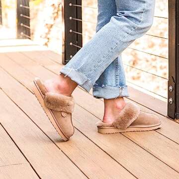 Dearfoams Women's Fireside Sydney Shearling Fur Indoor/Outdoor Scuff Slipper with Wide Widths, Driftwood, 7