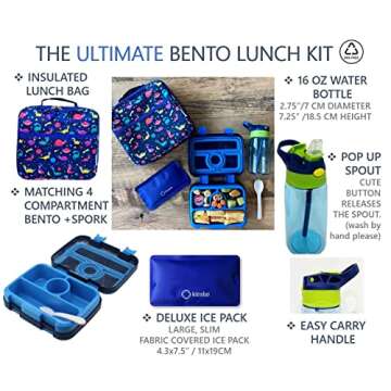 Bento Lunch Box with Bag, Water Bottle & Ice Pack Set for Kids Toddlers, 4 Portion Sections, Removab...