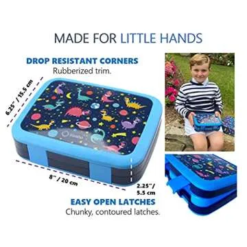 Bento Lunch Box with Bag, Water Bottle & Ice Pack Set for Kids Toddlers, 4 Portion Sections, Removable Tray, Pre-School Boy Toddler Daycare Lunches, Insulated Snack Container, Blue Space Dinosaur