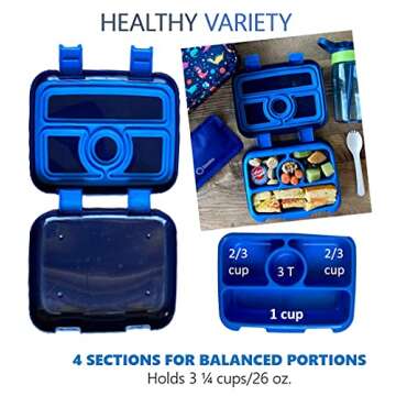 Bento Lunch Box with Bag, Water Bottle & Ice Pack Set for Kids Toddlers, 4 Portion Sections, Removable Tray, Pre-School Boy Toddler Daycare Lunches, Insulated Snack Container, Blue Space Dinosaur