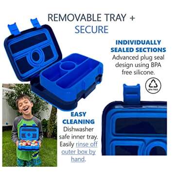Bento Lunch Box with Bag, Water Bottle & Ice Pack Set for Kids Toddlers, 4 Portion Sections, Removable Tray, Pre-School Boy Toddler Daycare Lunches, Insulated Snack Container, Blue Space Dinosaur