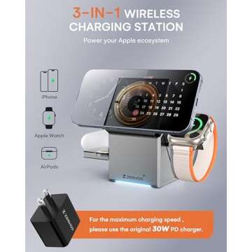 ZEEHOO 3 in 1 Wireless Charging Station for iPhone 15/16, Apple Watch, and AirPods - Qi2 Certified, 15W Fast Charging, Auto-Rotating Stand - Metal Gray