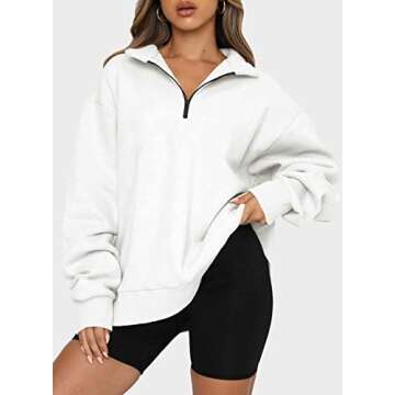 BLENCOT Women Half Zip Oversized Sweatshirts Long Sleeve Solid Color Drop Shoulder Fleece Workout Pullover White S