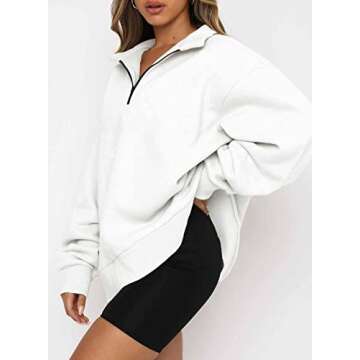BLENCOT Women Half Zip Oversized Sweatshirts Long Sleeve Solid Color Drop Shoulder Fleece Workout Pullover White S