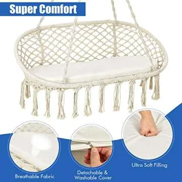 Giantex Hammock Chair 2 Seat, Macrame Hanging Chair with Cushion, Hanging Cotton Ropes, Metal Frame, 440 lbs Capacity Indoor Swing for Hammock Stand, Patio, Balcony, Living Room Hammock Swing