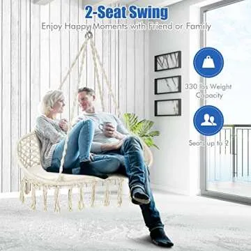 Giantex Hammock Chair 2 Seat, Macrame Hanging Chair with Cushion, Hanging Cotton Ropes, Metal Frame, 440 lbs Capacity Indoor Swing for Hammock Stand, Patio, Balcony, Living Room Hammock Swing