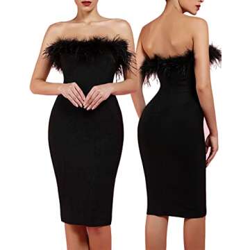 Whoinshop Women's Sexy Off Shoulder Feather Bandage Evening Club Party Dress Black XL