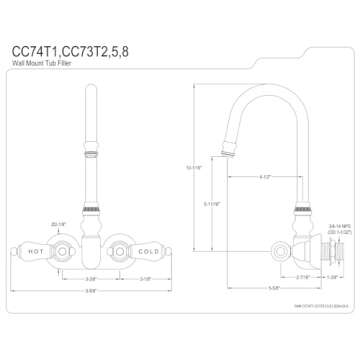 Kingston Brass CC74T1 Vintage Leg Tub Filler, Porcelain Lever Handle, Polished Chrome,8-Inch Adjusta...