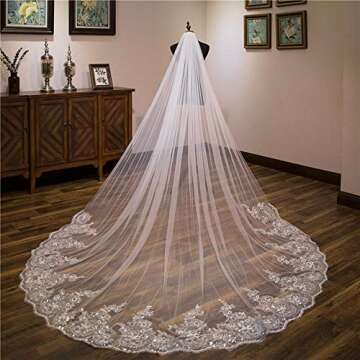 U-Hotmi Long Wedding Veil Lace Sequins Edge Cathedral Wedding Bridal Veil with Metal Comb, Ivory
