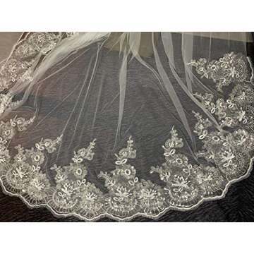 U-Hotmi Long Wedding Veil Lace Sequins Edge Cathedral Wedding Bridal Veil with Metal Comb, Ivory