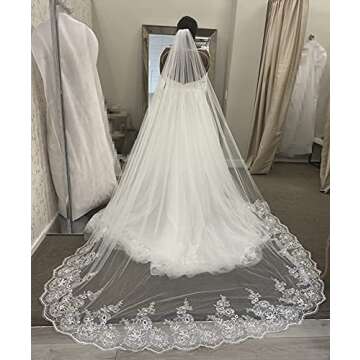 U-Hotmi Long Wedding Veil Lace Sequins Edge Cathedral Wedding Bridal Veil with Metal Comb, Ivory