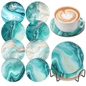 8 Pcs Diamond Art Painting Coasters Diamond Art Coasters with Holder, DIY Teal Marble Ocean Coasters...