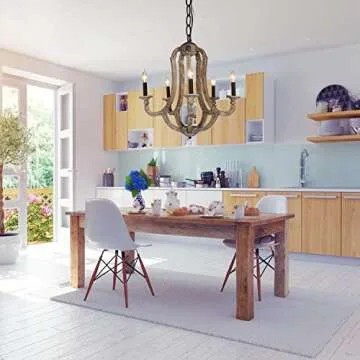 DOCHEER Farmhouse Chandeliers Lights for Dining Room, 5-Light Rustic French Country Kitchen Island Wood Chandelier Hanging Pendant Ceiling Lighting Fixture for Living Room, Bedrooms, Entryway