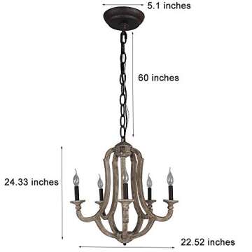 DOCHEER Farmhouse Chandeliers Lights for Dining Room, 5-Light Rustic French Country Kitchen Island Wood Chandelier Hanging Pendant Ceiling Lighting Fixture for Living Room, Bedrooms, Entryway
