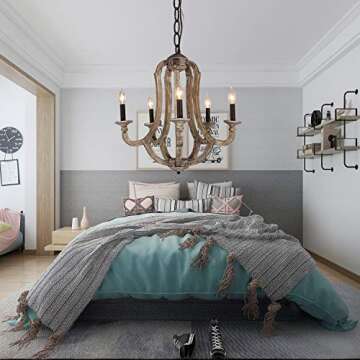 DOCHEER Farmhouse Chandeliers Lights for Dining Room, 5-Light Rustic French Country Kitchen Island Wood Chandelier Hanging Pendant Ceiling Lighting Fixture for Living Room, Bedrooms, Entryway
