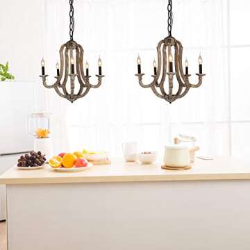 DOCHEER Farmhouse Chandeliers Lights for Dining Room, 5-Light Rustic French Country Kitchen Island Wood Chandelier Hanging Pendant Ceiling Lighting Fixture for Living Room, Bedrooms, Entryway