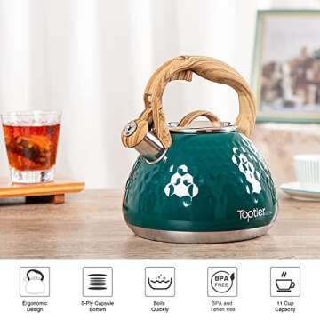 Tea Kettle, Toptier Teapot Whistling Kettle with Wood Pattern Handle Loud Whistle, Food Grade Stainless Steel Tea Pot for Stovetops Induction Diamond Design Water Kettle, 2.7-Quart Dark Green