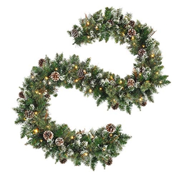 OasisCraft 9 FT Prelit Christmas Garland with Pine Cones, Artificial Snowy Pine Garland for Christma...
