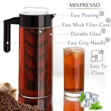 Mixpresso Cold Brew Maker For Iced Coffee and Iced Tea, Cold Coffee Maker Glass Pitcher, Tea Infuser...