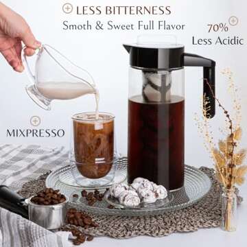 Mixpresso Cold Brew Maker For Iced Coffee and Iced Tea, Cold Coffee Maker Glass Pitcher, Tea Infuser For Loose Leaf Tea, 44oz Large Ice Tea Brewer with Easy to Clean Reusable Mesh Filter.