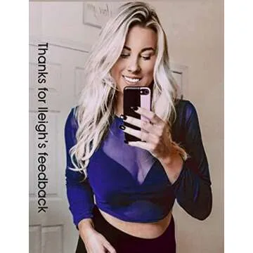 ADOME Women's Long Sleeve See Through Crop Top Mesh Crop Tops for Women Blue L