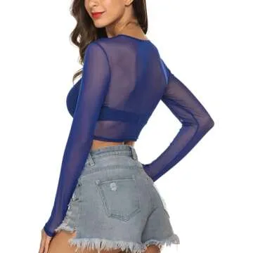 ADOME Women's Stylish Long Sleeve Mesh Crop Top