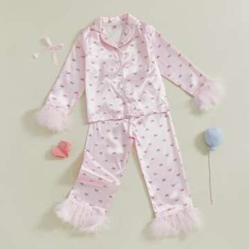 Afunbaby Toddler Baby Girl Boy Silk Satin Pajamas Set Button Down Pjs Kids Long Sleeve Shirt Pants Christmas Pjs Sleepwear (Pink Bowtie, 9-10 Years)