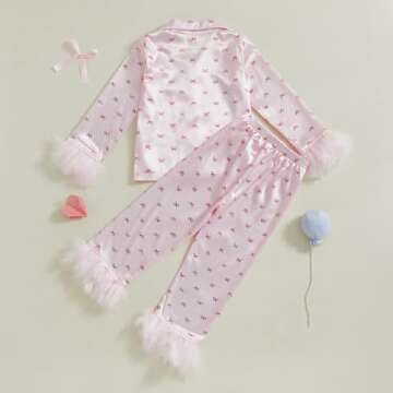 Afunbaby Toddler Baby Girl Boy Silk Satin Pajamas Set Button Down Pjs Kids Long Sleeve Shirt Pants Christmas Pjs Sleepwear (Pink Bowtie, 9-10 Years)
